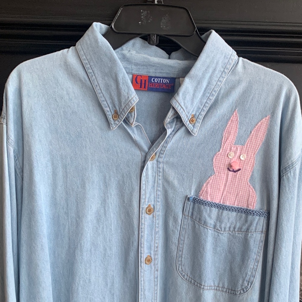 Light Blue Denim Shirt with Pink Rabbit Patch